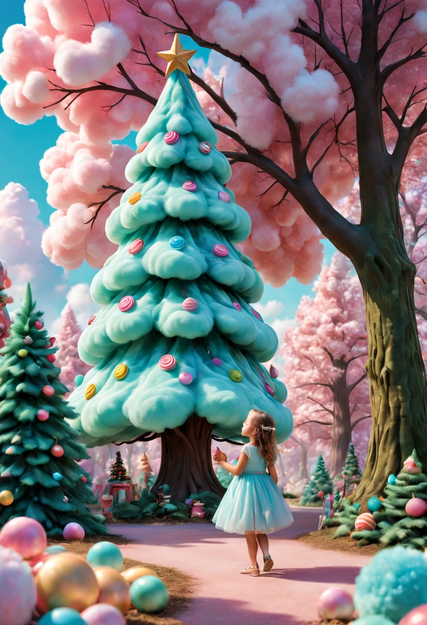Cotton candy Christmas tree,(best quality,4k,8k,highres,masterpiece:1.2),ultra-detailed,(realistic,photorealistic,photo-realistic:1.37),sweet,vibrant colors,whimsical,giant tree,pastel sky,fluffy clouds,fairy tale,delicious,candy-filled branches,sugar-coated leaves,glistening,soft and chewy,happy children,playful,joyful,summer day,enchanted forest,delightful,imagination,fun,light and airy,delight,tempting,irresistible,fantasy,edible,indulgent,tall and towering,pleasant,uplifting,iridescent,candy heaven