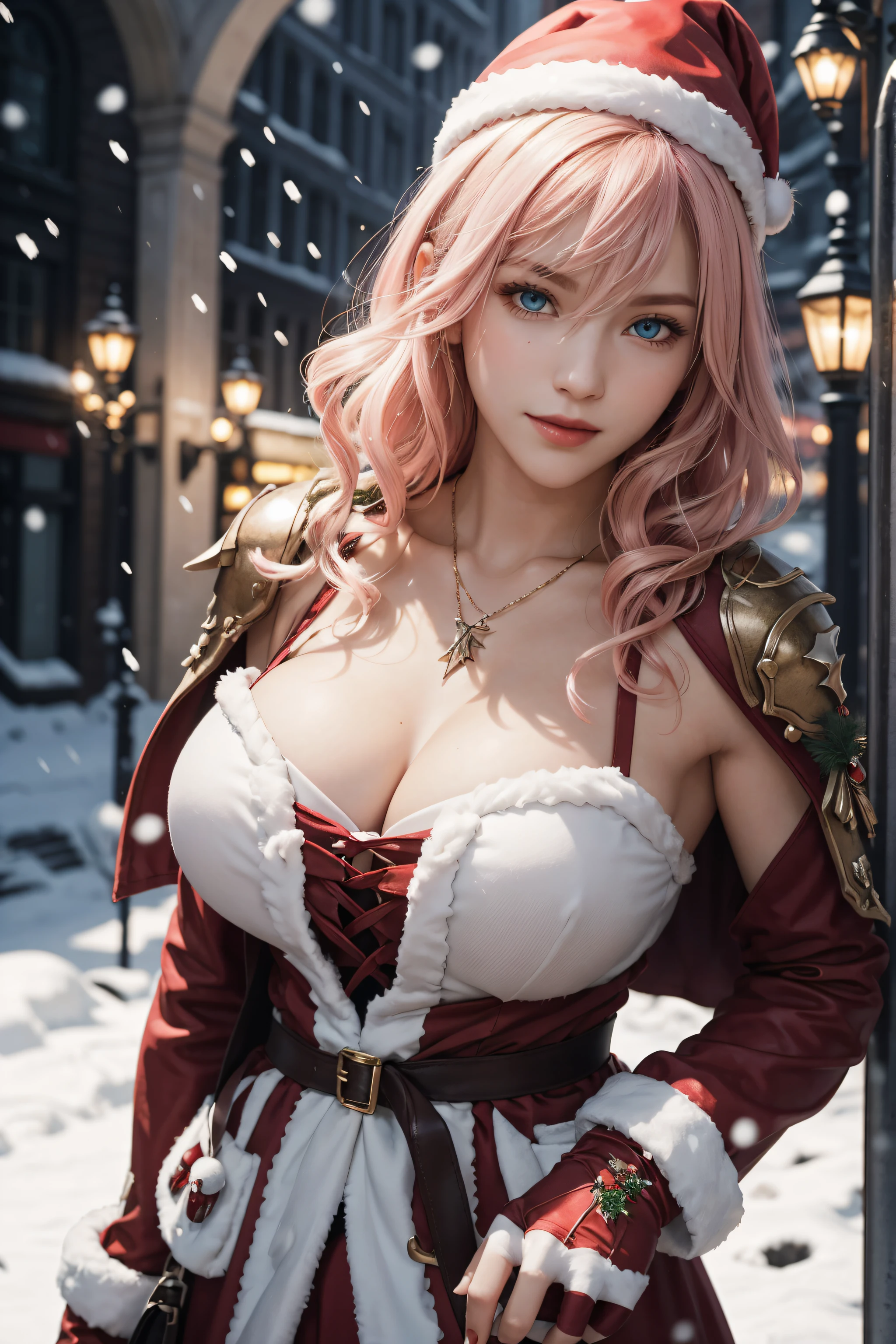 The best piece,Artistically beautiful,Lightning,Final Fantasy 13,FF1 pink blonde,Medium Hair,Light permed hair,Curly hair on one side,Letting down your bangs,A beautiful Blue eyes,beautiful and high nose,Red Santa Claus costume,Santa Claus hat,christmas armor,christmas sword,red santa claus coat,uses magic,An ultra-high picture quality,hightquality,​masterpiece,Digital SLR,Detailed details,Intricate details,Based on anatomical grounds,Depicted in detail,Detailed face,realistic skin textures,Vivid details,perfect anatomia,perfect anatomia,Anatomically correct hand,Anatomically correct fingers,Super Detail,Complex 3D Rendering,Colossal tits,sexy  pose,bright red claws,beautiful christmas,final fantasy cityscape,Fantasy worldview,Gorgeous Christmas Tree,white Christmas,neon color,Beautiful cityscape,mysterious snow scene,It's snowing,,Picturesque beauty,Photograph the whole body,9 head body,Red Lip,Beautiful curly hair,Luxurious necklace,emphasize the beautiful whole body,Beautiful nails,A smile,