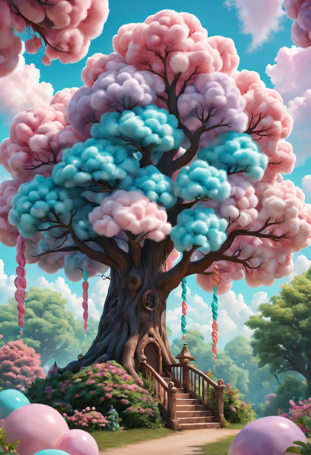 cotton candy treeest quality at best,4K,8K,A high resolution,tmasterpiece:1.2),ultra - detailed,(actual,realisticlying,Photorealistic:1.37),Sweet,vivd colour,Whimsical,giant tree,soft sky,Fluffy clouds,Fairytale,Tasty,tree branch filled with candy,sugar coated leaves,Sparkling,Soft and chewy,Happy kids,Playful,cheerfulness,夏天,an enchanted forest,enjoyable,imagination,stas,Light and airy,enjoy,Cleavage is seductive,Irresistible,fanciful,edible,indulgent,towering,Pleasant,heart-stirring,Iridescent,Candy heaven