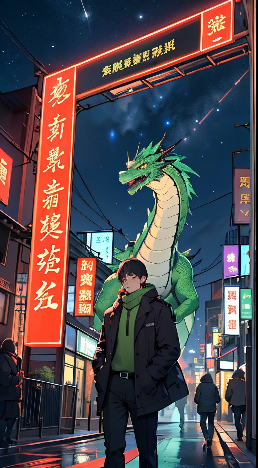 Corporate promotional poster,Red series,2024 written in Mao font,Have a cute dragon,The background image adds a New Year atmosphere,Add beautiful night scenery to the scene。