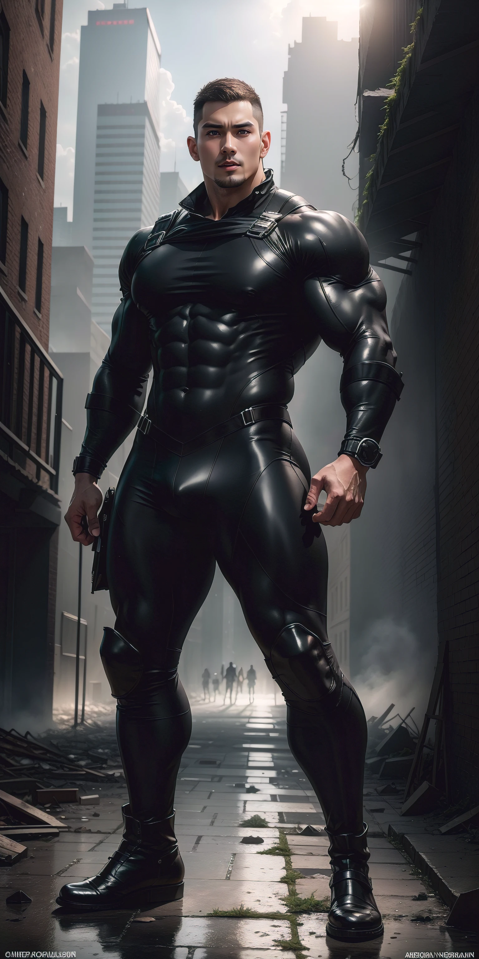 a hoge, The two-meter-tall muscular man opened his mouth and shouted.，A large number of dark gray slime balls are scattered among the ruins of the city.，He opened his mouth wide，character  design（Resident Evil - Chris Redfield，Chris Redfield）Wearing a shiny dark gray wetsuit，The whole body is wrapped，High-end leather texture，Regular symmetrical texture pattern，Standing alone in the ruins of the city in the open air, Bright sunlight shines on the body，There is a ball on the ground，expression sad，A hero with deep and charming pupils，heroic masculine pose，Tall and burly，Muscular！Sexy and attractive leg muscles，tall, Burly, and strong， Wearing a shiny dark gray wetsuit， Super gain and cool， commission for high resolution， Big feet in dark gray boots，Charming strong man，Bright sunlight shines on the body，Reflective and shiny