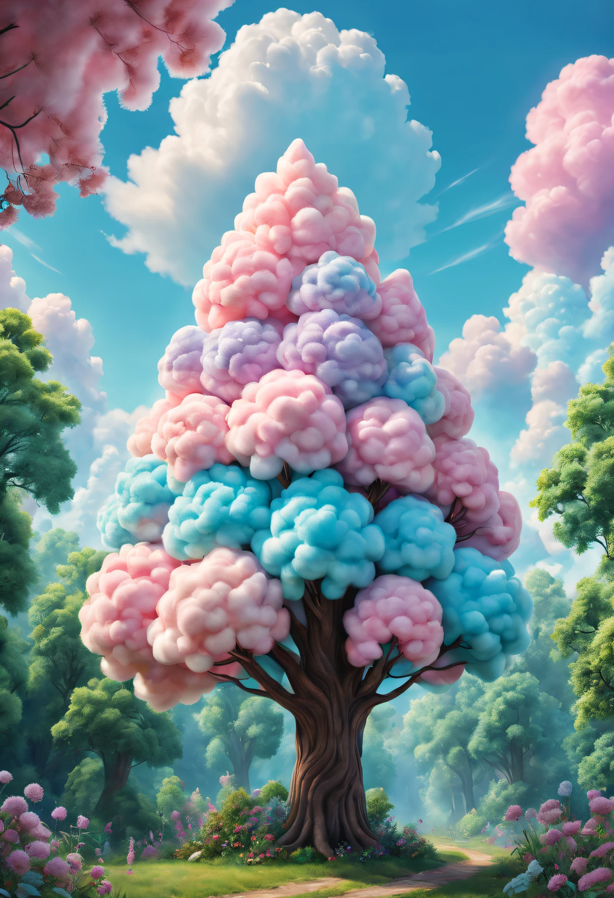 cotton candy treeest quality at best,4K,8K,A high resolution,tmasterpiece:1.2),ultra - detailed,(actual,realisticlying,Photorealistic:1.37),Sweet,vivd colour,Whimsical,giant tree,soft sky,Fluffy clouds,Fairytale,Tasty,tree branch filled with candy,sugar coated leaves,Sparkling,Soft and chewy,Happy kids,Playful,cheerfulness,夏天,an enchanted forest,enjoyable,imagination,stas,Light and airy,enjoy,Cleavage is seductive,Irresistible,fanciful,edible,indulgent,towering,Pleasant,heart-stirring,Iridescent,Candy heaven