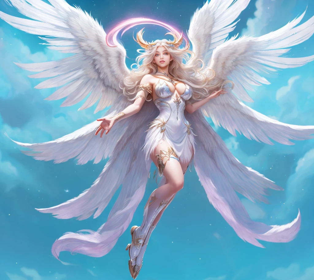 Celestial Beast，Raised sexy，big breasts enchanting，obsessed，Gentle eyes，Angel wings，Hair is fluffy and flowy，The halo，Fighting posture，Battle background，8K，Complicated details