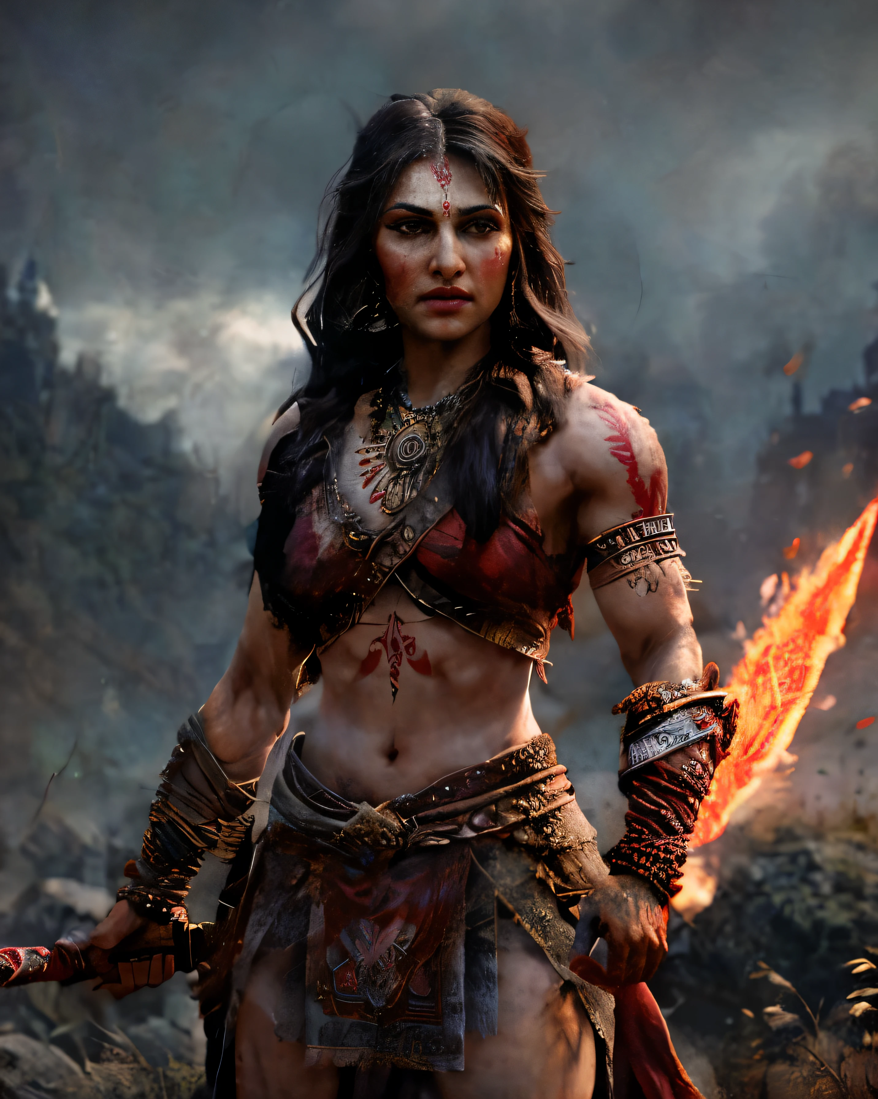 a warrior woman in combat, screaming, blood splattering, highly detailed, 8k, photorealistic, hyperrealistic, gorgeous, flawless skin, intense expression, intricate armor, weapons, battlefield, smoke, dynamic action, cinematic lighting, vibrant colors, dramatic contrast, gritty textures, hyper-detailed, unreal engine, masterpiece