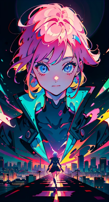 best quality, 4K wallpaper, masterpiece, extremely detailed CG unity 8k wallpaper, extremely detailed eyes, ultra-detailed, intricate details, masterpiece, best quality, 1girl, city pop, kyoto animation, kyoani, night, neon lights, looking at viewer, slight smile, excited face, vector illustration, 80s clothing, long hair, 80s, synthwave, abstract background, graphic, manga, 80s anime, retro poster