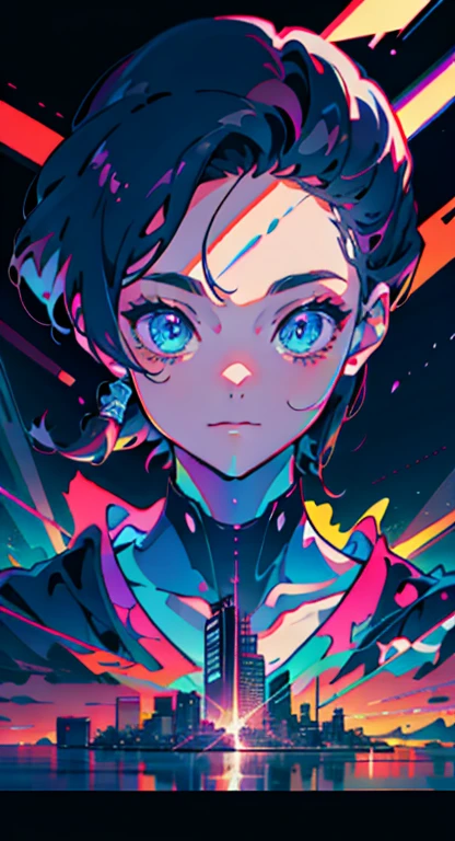 best quality, 4K wallpaper, masterpiece, extremely detailed CG unity 8k wallpaper, extremely detailed eyes, ultra-detailed, intricate details, masterpiece, best quality, 1girl, city pop, kyoto animation, kyoani, night, neon lights, looking at viewer, slight smile, excited face, vector illustration, 80s clothing, long hair, 80s, synthwave, abstract background, graphic, manga, 80s anime, retro poster