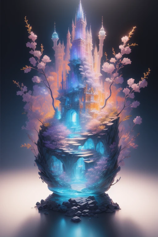 Microlandscape，cleanness，Glass texture，intricate detailed, Brilliant colors，Magical art, no mist, black background