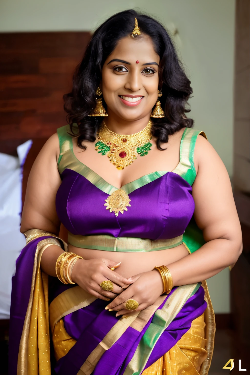 a woman in a sari and gold blouse posing for a picture, sari, wearing elaborate green and gold, indian, candid picture, satin, 4 k post, 4k post, indian goddess, dressed in a sari, very very beautiful woman, candid shot, a still of a happy, very beautiful woman, traditional beauty, candid photograph, thick neck, wearing a sari