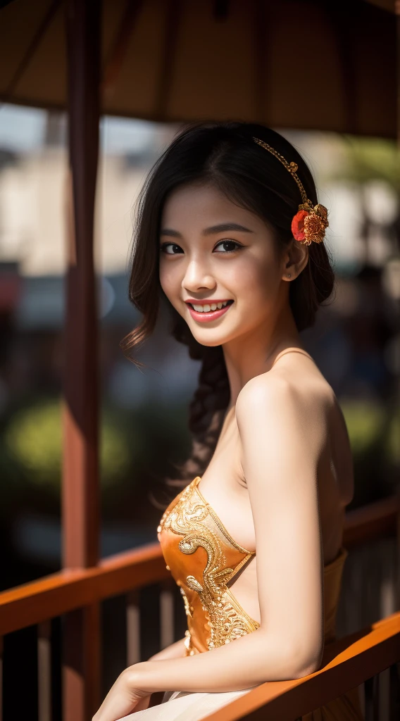 10, masterpiece, RAW photo, bestquality, photorealistic portrait, extremely detailed cg unity 8k wallpaper, Depth of Field, cinematic light, lens flare, ray tracing, (Very beautiful face.., beautiful lips, beautidul eyes), Complex face details, ((ultra-detailed skin)) 1girls, In the dark, Deep Shadows, beautiful asian girl, idol,(The body is very slender..:1.3), ((looking at the audience)),(big smile:1.3), (city scape, Blurry Background), (Dim lights, roof, balcony), A Beautiful Girl, earrings, bracelets, necklace, Clear eyes, walk , (Fair-skinned),Look at me.(big-eyed body shot)), ((Black Silk Laced)), ((Thai costume:1.3)), (Brown cooks food for the audience:1.3), Breast opening, Open the navel.., mediuml breasts, With shadows , (See Through, Thai costume :1.3), balcony, (Nude),