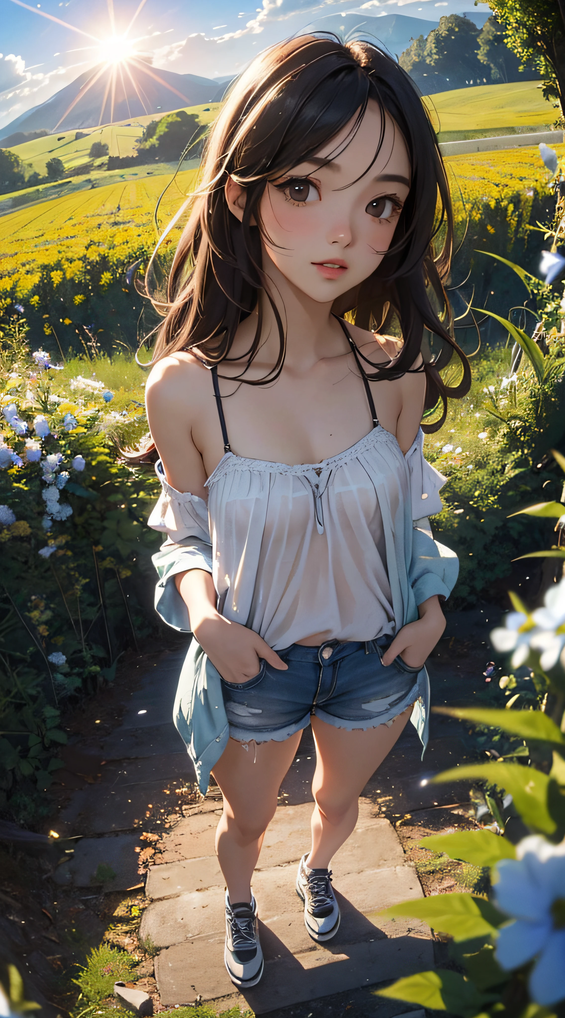 ((8k wallpaper of extremely detailed CG unit, masterpiece, hight resolution, top-quality)), (Beautuful Women, Plump lips, Hands in pockets:1.5, Grunge Fashion, Wearing a camisole:1.2, Wearing micro mini shorts:1.2, Wearing sneakers:1.2), ((extra detailed face, Highly detailed black eyes, extra detailed body, Top quality real texture skins)), (A dark-haired, hair messy, de pele branca, Small:1.3, Exposed belly, exposed shoulders and arms), (country road, Wildflowers, Beautiful blue sky, suns), (high-angle:1.1, Fisheye:1.3), hyper realisitic, digitial painting,