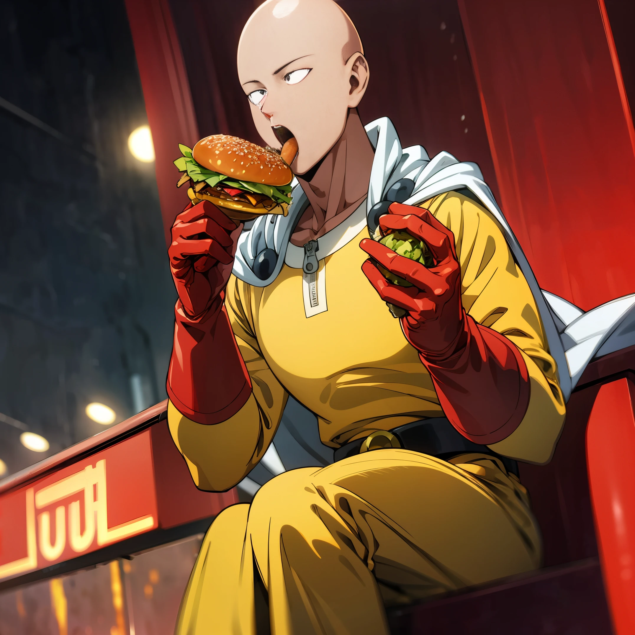 masterpiece, best quality, 1boy, (saitama), bald head, black eyes, red gloves, yellow clothes and white cape, siting in shop, eating burger, fast food, close up shot, eating, holding burger, open mouth, detailed face, aura power, night, natural light, standing, male focus, movie composition, deth of field, bokeh, cinematic (futuristic), (full body),