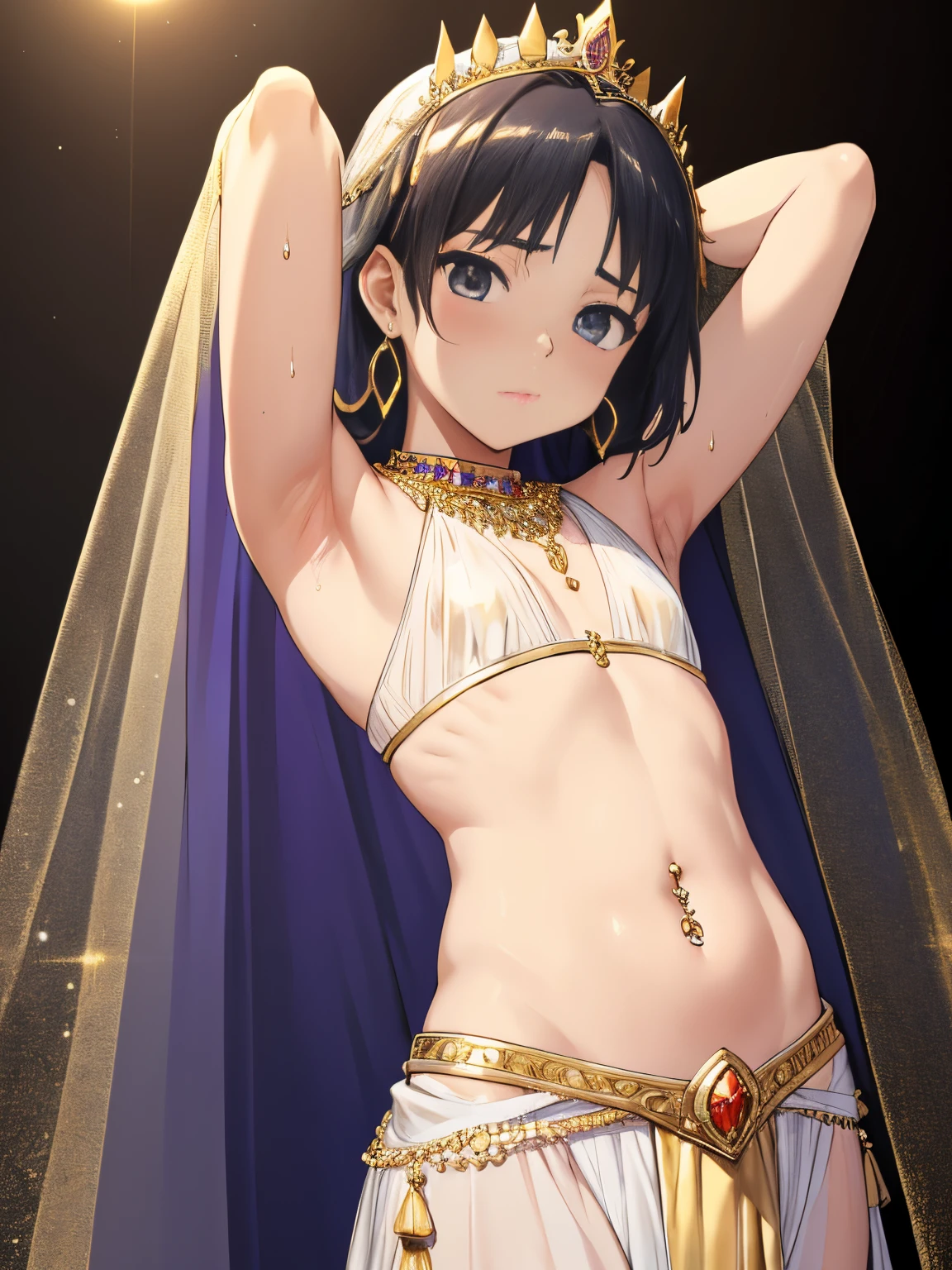 Highres, Masterpiece, Best quality at best,Best Quality,hight quality, hight detailed, Anime style, (), (Such a cute smooth armpit), Shy, Sweat, Transparent veil covering the head, Transparent veil covering the mouth, Transparent veil covering the waist, Crown, Gold necklace, Gold earrings, Navel piercing, Gloves, Bra, Desert, Belly dancer, night day, (very young y small and short body)