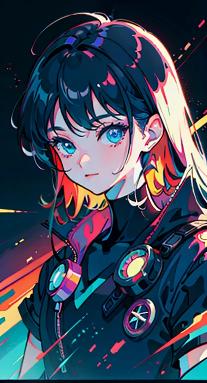 best quality, 4K wallpaper, masterpiece, extremely detailed CG unity 8k wallpaper, extremely detailed eyes, ultra-detailed, intricate details, masterpiece, best quality, 1girl, city pop, akira, night, neon lights, looking at viewer, body at an angle, slight smile, vector illustration, 80s clothing, long hair, 80s, synthwave, abstract background, graphic, manga, 80s anime, retro poster
