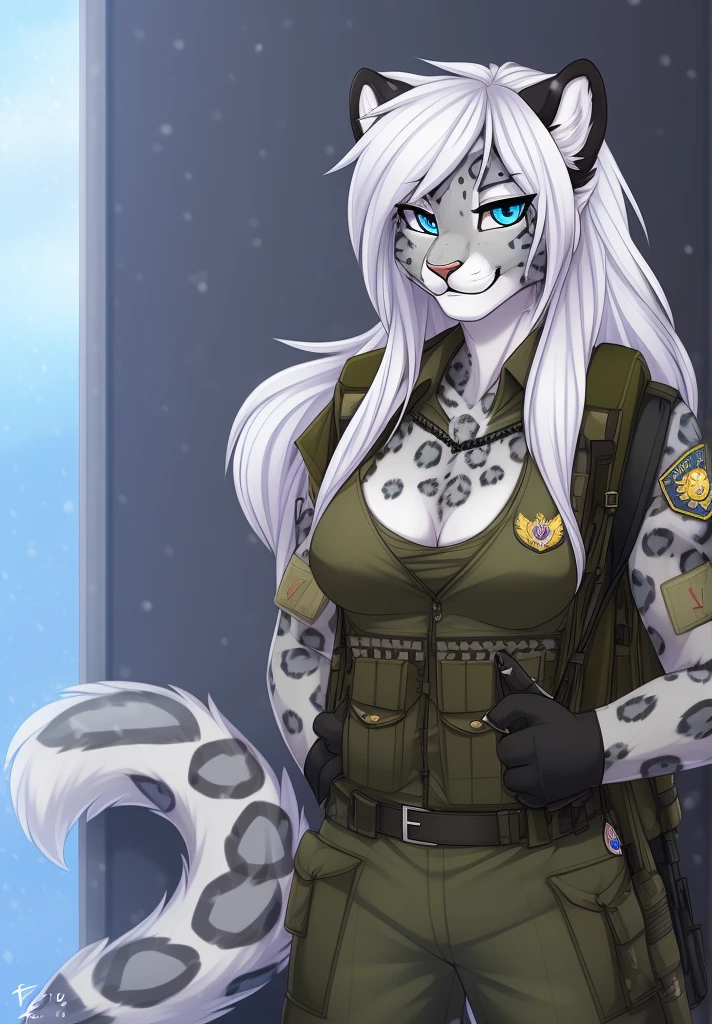 by fluff-kevlar, (best quality, masterpiece:1), solo, anthro, furry, female, ((Snow Leopard)), blue eyes, white hair, short hair, portrait, fingers, finger claws, looking at viewer, snow leopard tail, ((huge tuft of hair on the chest)), ((Military uniform)), ((fully clothed)), ((medium breasts)), (tactical vest), (backpack), ((Ukrainian patch))