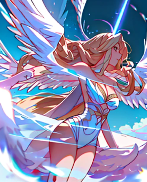 Heavenly beasts，Raised sexy，big breasts enchanting，obsessed，Gentle eyes，Hair is fluffy and flowy，aura of power，the angel's wings，8K，Complicated details