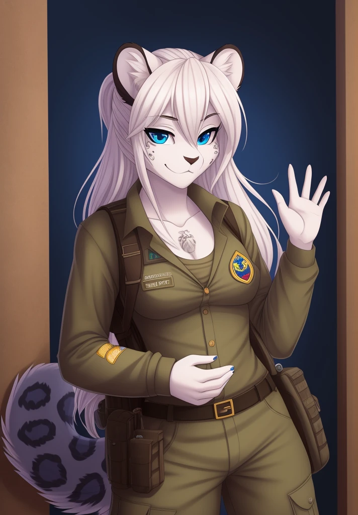 by fluff-kevlar, (best quality, masterpiece:1), solo, anthro, furry, female, ((Snow Leopard)), blue eyes, white hair, long hair, ponytail, portrait, fingers, finger claws, looking at viewer, snow leopard tail, ((large tuft of hair on the chest)), ((Military uniform)), ((fully clothed)), ((medium breasts)), (tactical vest), (backpack), ((Ukrainian patch)), waving