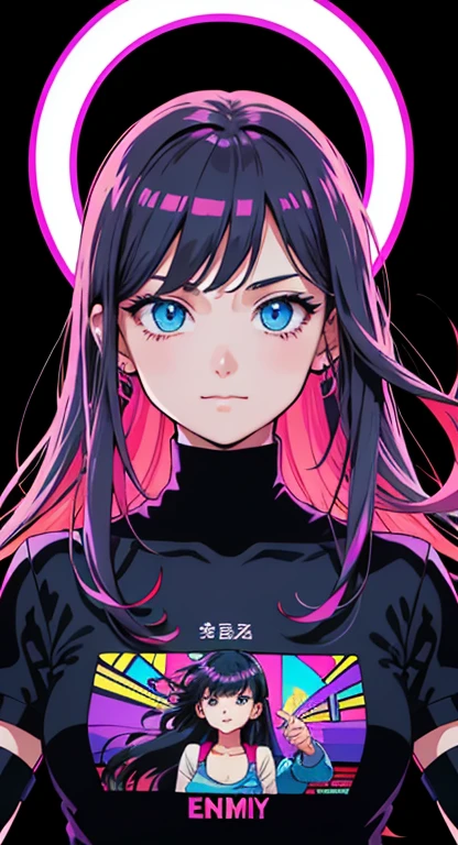 best quality, 4K wallpaper, masterpiece, extremely detailed CG unity 8k wallpaper, extremely detailed eyes, ultra-detailed, intricate details, masterpiece, best quality, 1girl, city pop, akira, night, neon lights, looking at viewer, body at an angle, slight smile, vector illustration, 80s clothing, long hair, 80s, synthwave, abstract background, graphic, manga, 80s anime, retro poster