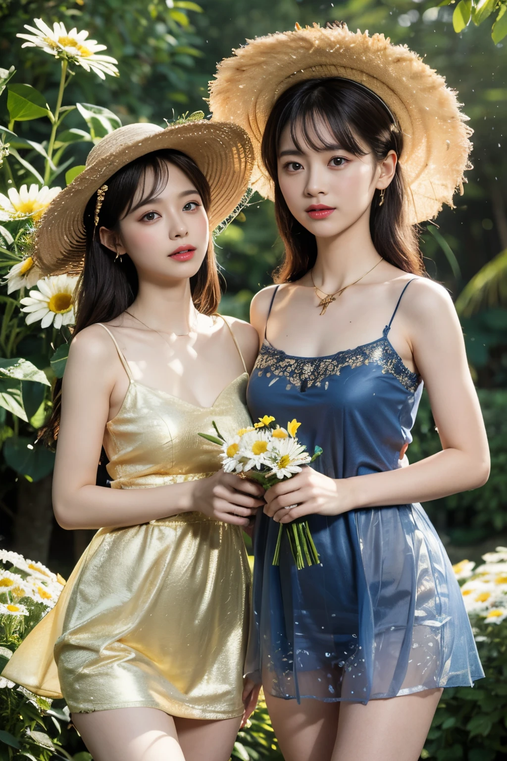 NSFW,(鎖骨:1.331), (camisole:1.21),2 girls,Yuri,lesbian,Kiss,lesbian,, Sex life,a woman in a floral dress and straw hat standing on a tree brancha ,Wet see-through dress,woman in a gray dress holding a bouquet of daisies, a stock photo by Oleg Oprisco, Pinterest, artsy photography, made of flowers, Soft light, Enchanting, intimate but not tight, Cuffs decorated with light gold lines, People can't help but think of the stars twinkling in the starry sky, Wearing a necklace made of sapphire and gold,calling lightning, Fireball,skirt lifting,