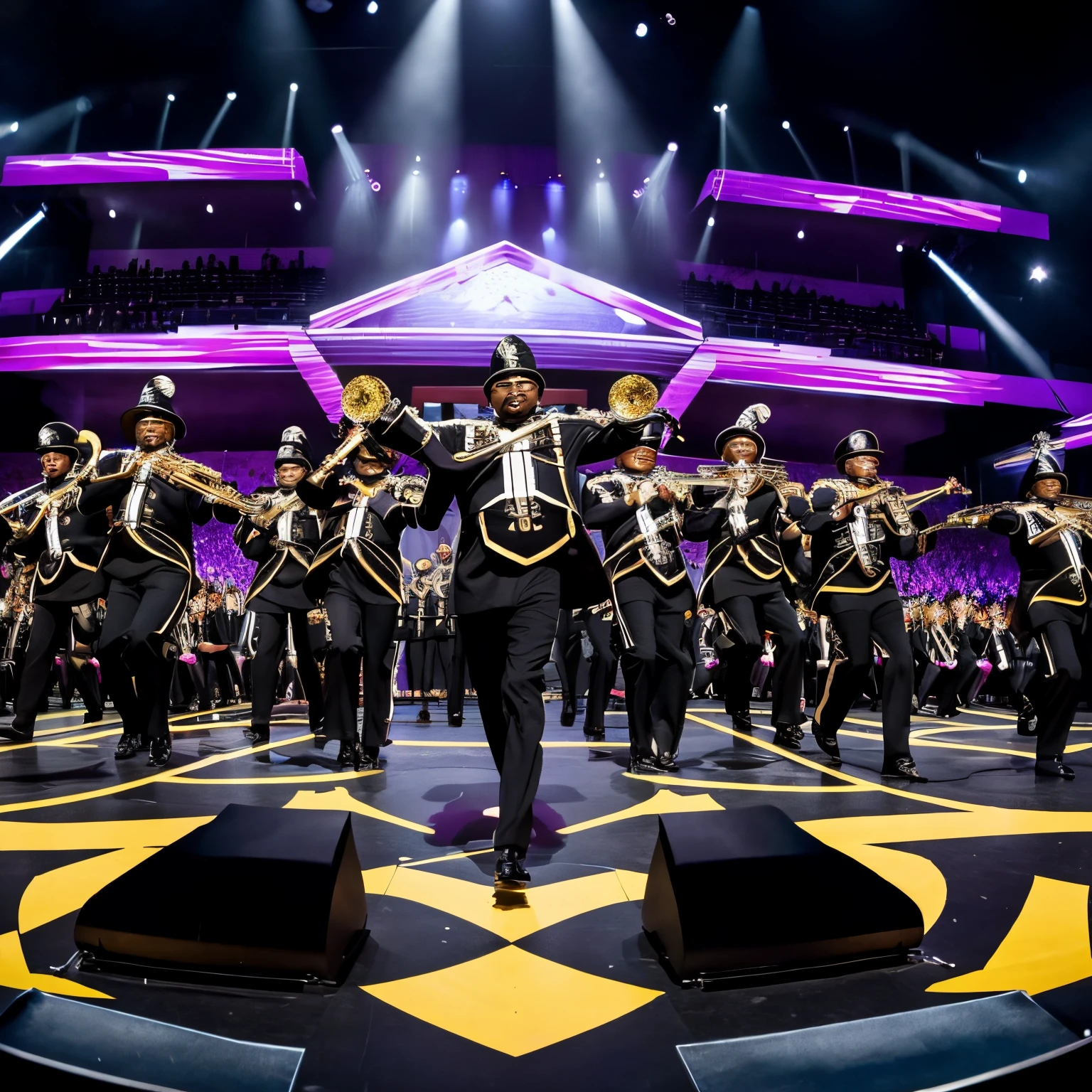 In the heart of the performance, each member of the BLACK Marching Band exudes cool and powerful vibes, their instruments harmonizing to create a dynamic symphony that captivates everyone in its rhythmic embrace.