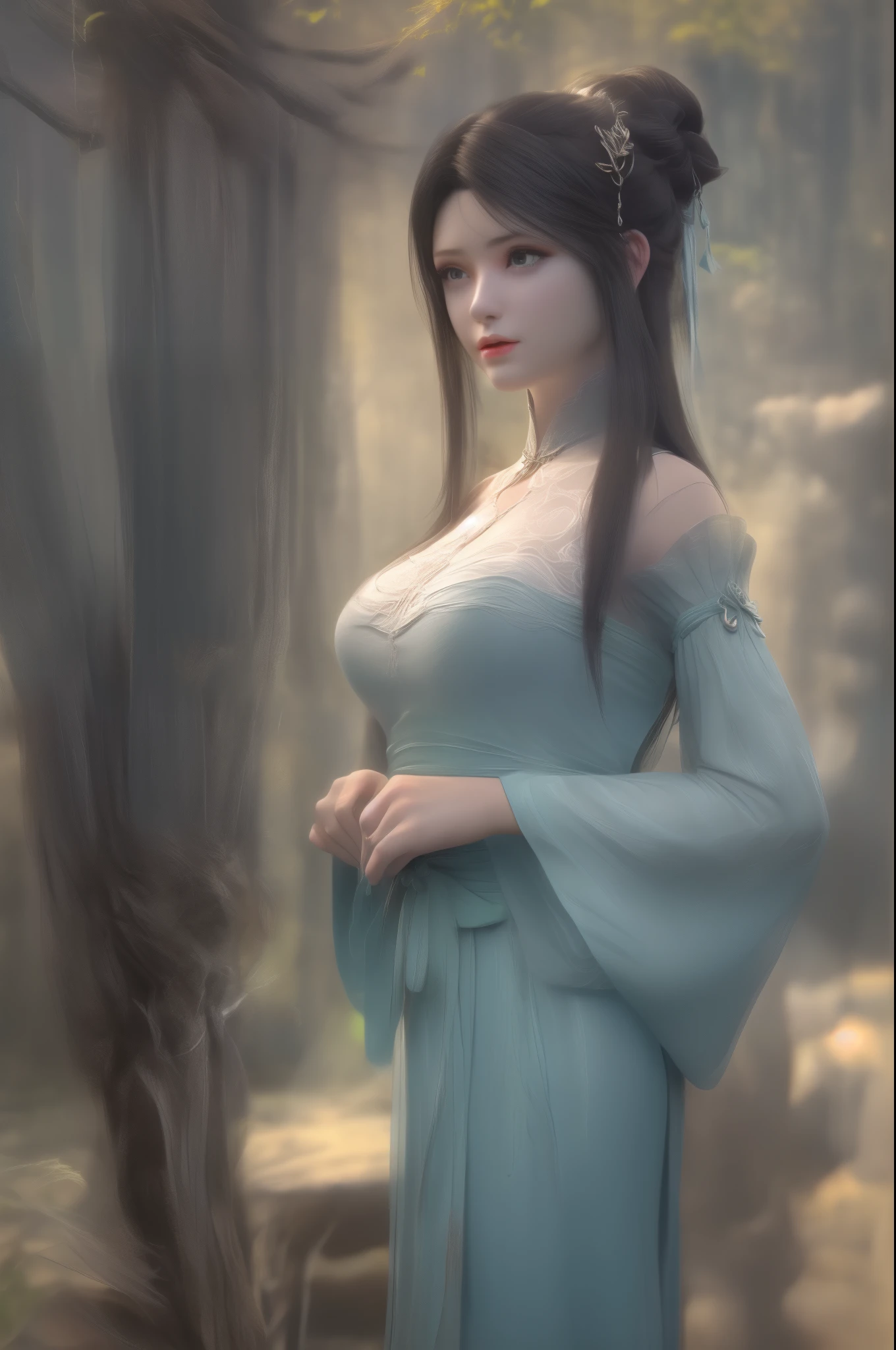 (8k, RAW Photos: 1.2), Best Quality, Illustration, Beautiful Painting, 1 sexy Woman, Beautiful Face, Delicate Skin, Gorgeous Bun, Hair Accessories, lace Hanfu, Full Body, High Detail, Accent, Color Ink Painting, (((colorful)), lycoris, Sketch, Denoising, Dramatic, Cinematic, White background, Super High Resolution, Best Shadow, RAW, (HDR) (wallpaper) (Cinematic lighting) (sharp focuasterpiece, (Very detailed CG unified 8k wallpaper), gigantic breasts, bamboo forest,