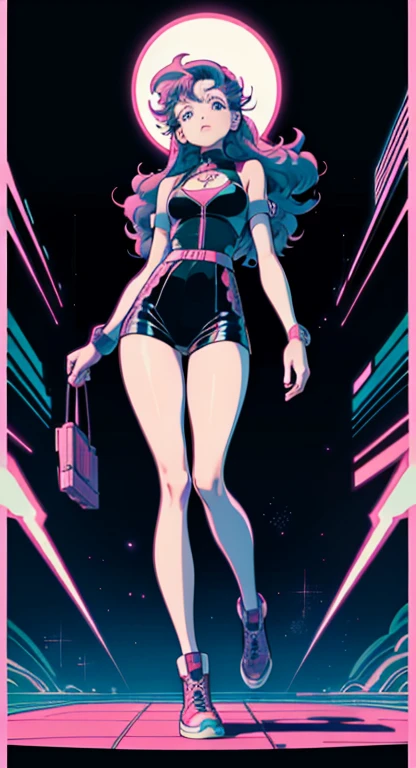 best quality, 4K wallpaper, masterpiece, extremely detailed CG unity 8k wallpaper, extremely detailed eyes, ultra-detailed, intricate details, masterpiece, best quality, 1girl, city pop, akira, macross, night, neon lights, looking at viewer, body at an angle, full body, slight smile, vector illustration, 80s clothing, long hair, 80s, synthwave, abstract background, graphic, manga, 80s anime, retro poster