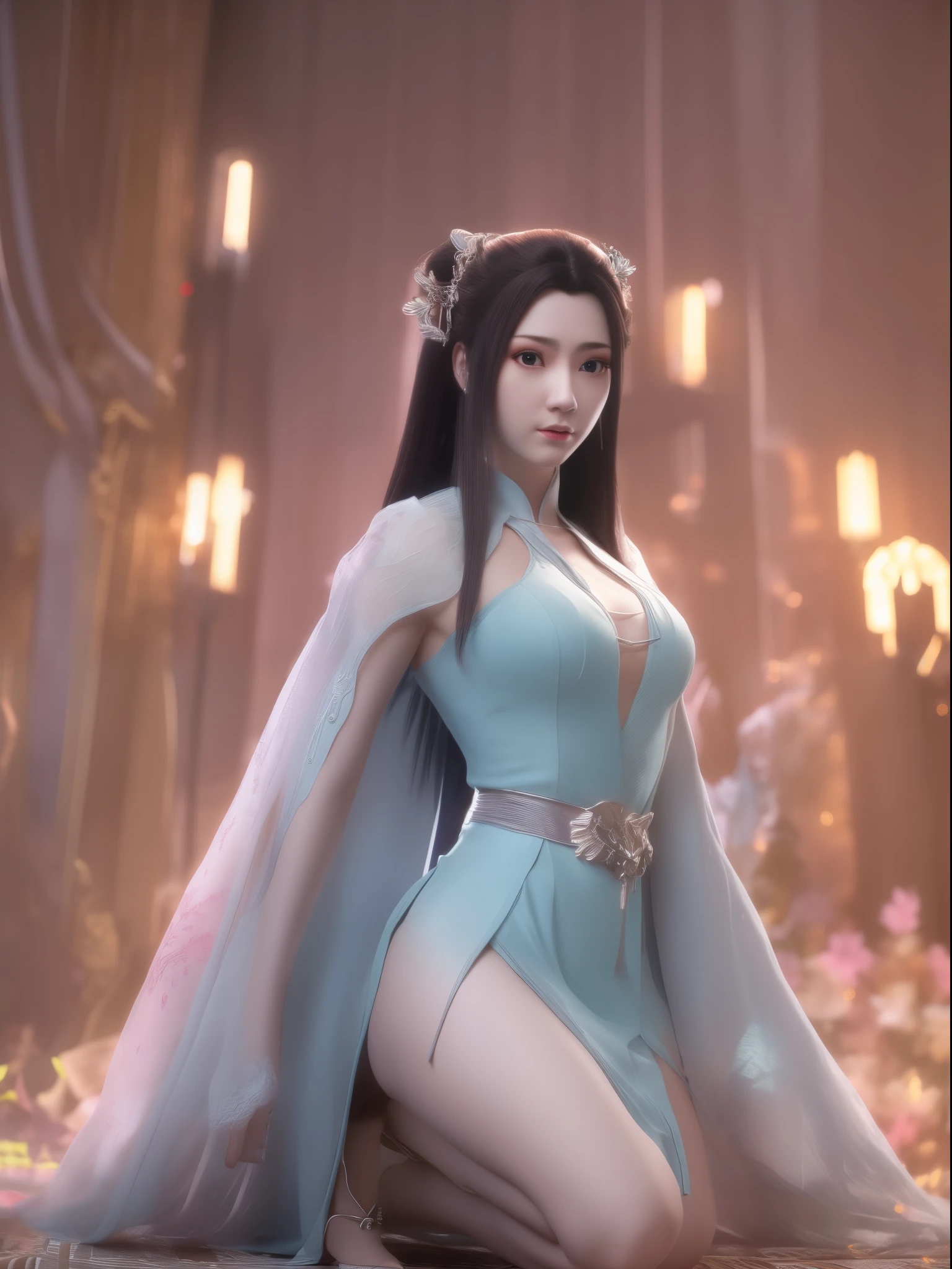 Kneel on the blanket, concept-art：Hero, Trend of CGsociety, Fantasy art, Guviz-style artwork, Guviz, Smooth anime CG art, Keqing from Genshin Impact, Ruan Jia and Artgerm, full-body xianxia, A flowing translucent magic robe