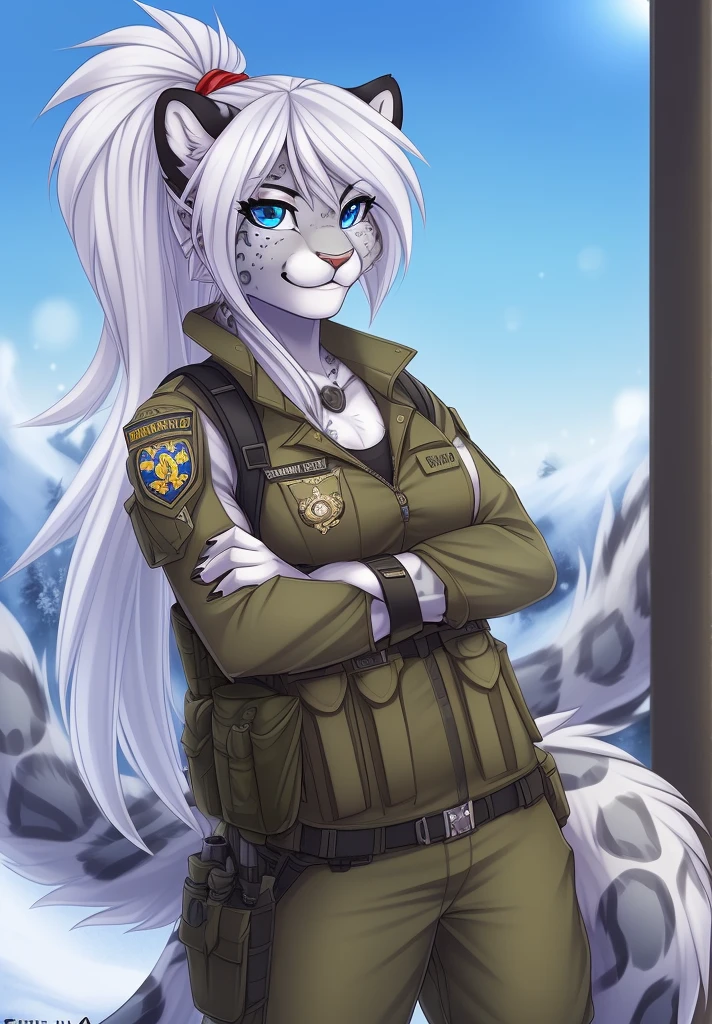 by fluff-kevlar, (best quality, masterpiece:1), solo, anthro, furry, female, ((Snow Leopard)), blue eyes, white hair, long hair, ponytail, portrait, fingers, finger claws, looking at viewer, snow leopard tail, ((large tuft of hair on the chest)), ((Military uniform)), ((fully clothed)), ((medium breasts)), (tactical vest), (backpack), ((Ukrainian patch))