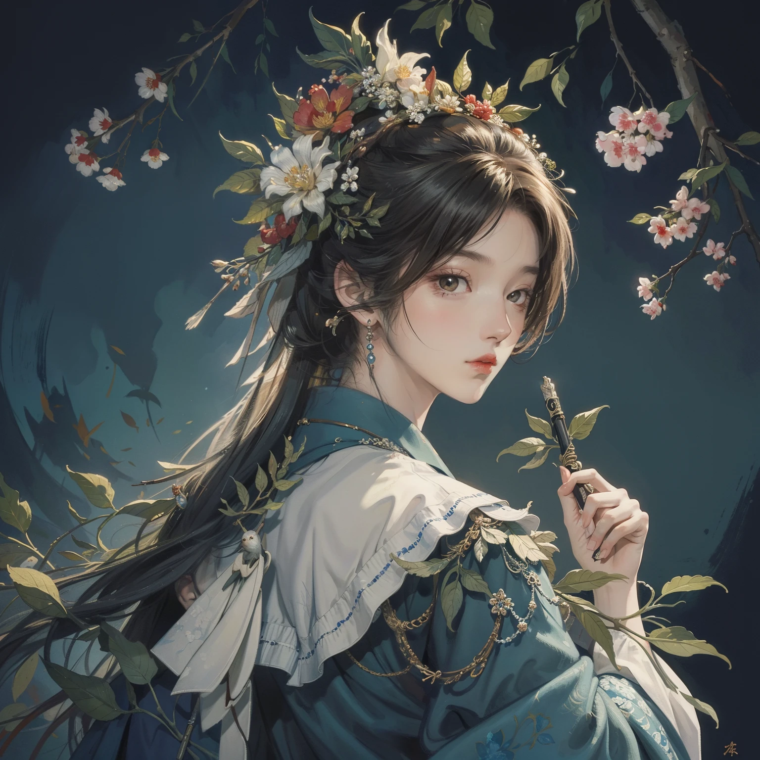 James Jane(James Jean)A painting,Flowers and leaves are worn on the head,with a bird on his shoulder,A brilliant pen