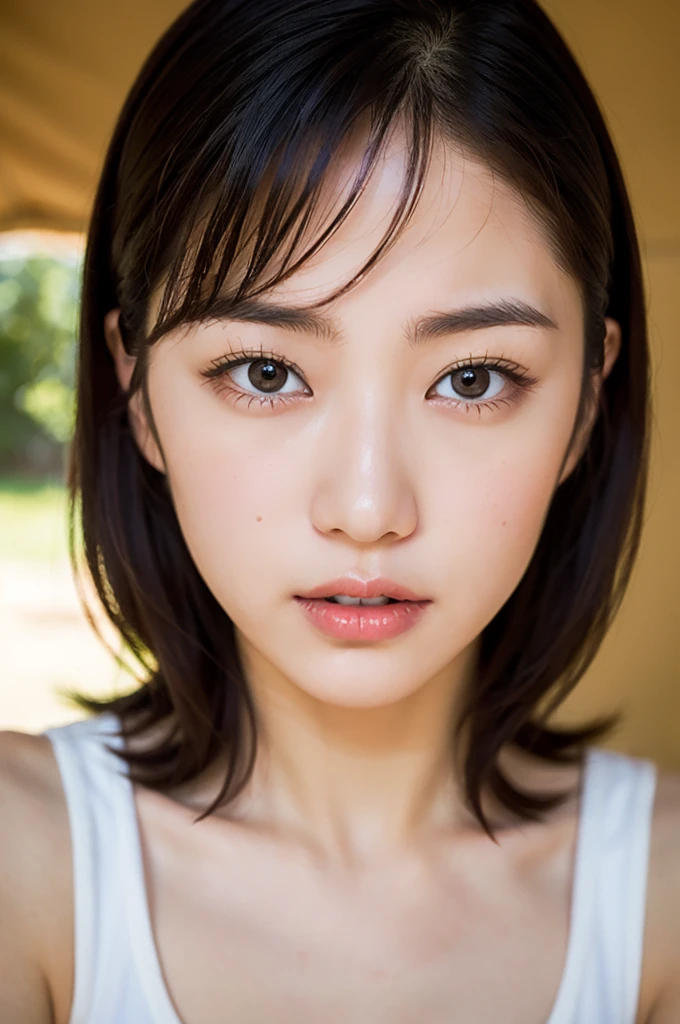 (8K、top-quality、​masterpiece:1.2)、(reallistic、Photorealsitic:1.2)（plein air）（Inside the tent at Syanthanam camp）（Underwear）Kiss Face,sad Facial expression,embarassed expression,Alafed Girl, chiho, iwakura lain, closeup Iwakura Lain, With short hair, Shiori Teshirogi, Kotegawa Yui, hime-cut, She is 17 years old, sui ishida with black hair, lain iwakura, girl cute-fine-face, Clear pubic contours,(Small breasts), hight resolution, ighly detailed, top-quality, [​masterpiece:1.6],, ighly detailed, nffsw, finely detail, top-quality, , Cinematographic lighting, 1girl in、17 age、Cute Japan Girls、perfect body type、, cute droopy eyes beautiful big eyes、Transcendent beauty　top-quality、​masterpiece、majicMIX Real、(Raw photography:1.2)、(Photorealsitic:1.4)、（Seductive pose）Negative Prompt