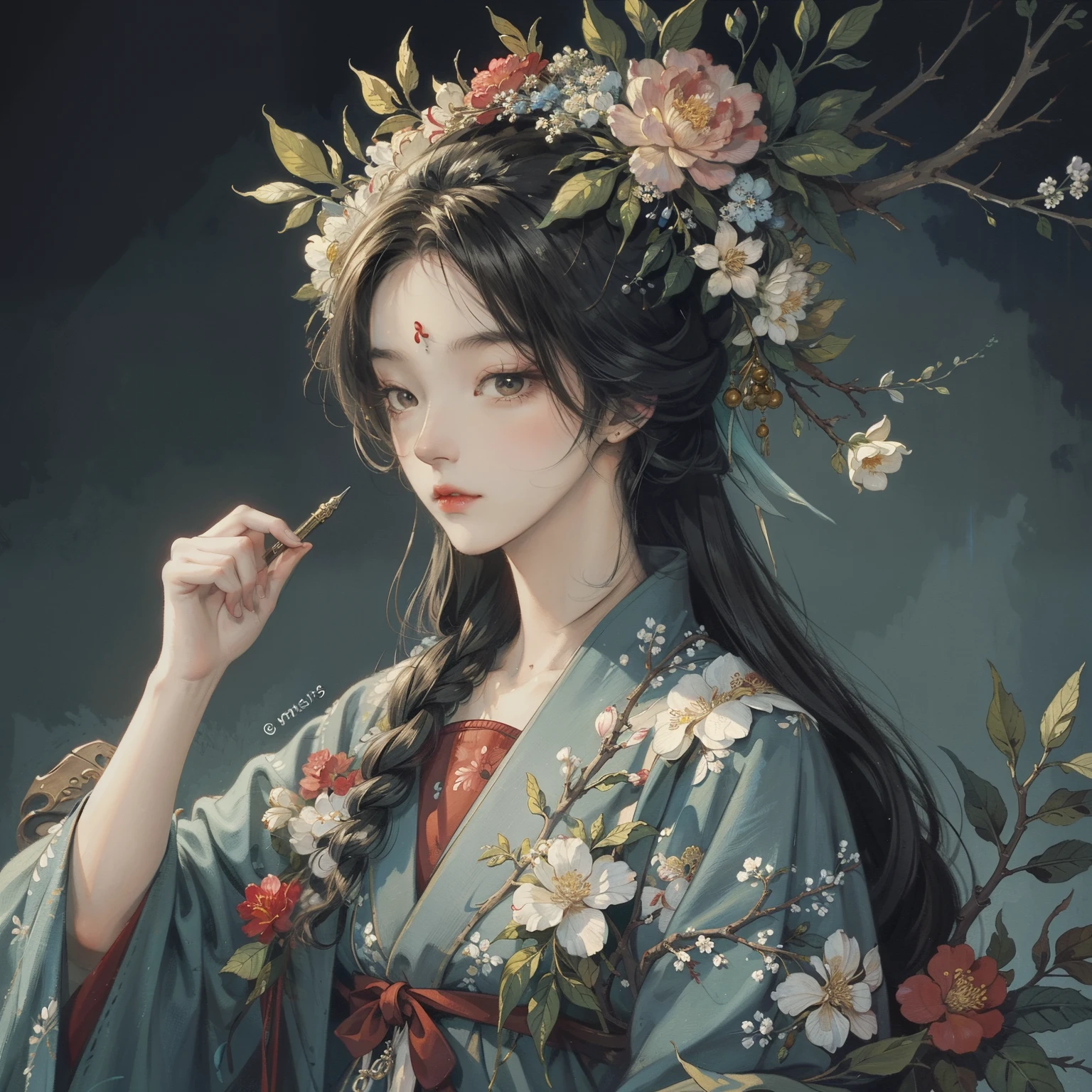 James Jane（James Jean）A painting，Flowers and leaves are worn on the head，with a bird on his shoulder，A brilliant pen