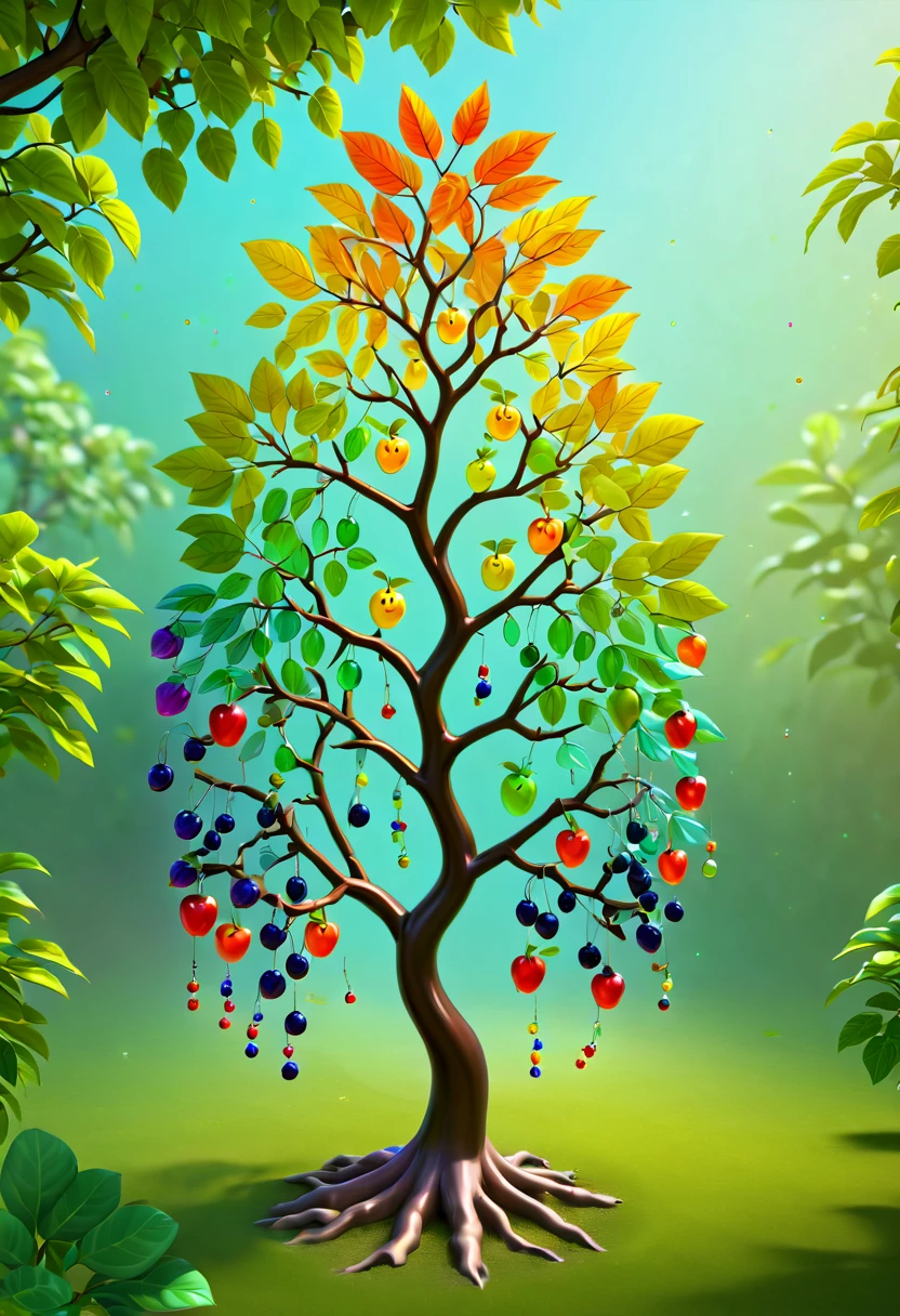 stained glass style,(A fabulous colorful rainbow ginseng fruit tree,Transparent smiley doll shaped fruits hanging on tree branches,Irridescent color),branches and leaves full of nectar, Plants covered in liquid, Cute 3d rendering, Rendered in Cinema 4D Octane, blender art, Cinema 4D color rendering, Very detailed happy photos, Render in Cinema4D, Colorful octane rendering, A vibrant, The beautiful, semi transparent, iintricate, Detailed pubic hair
