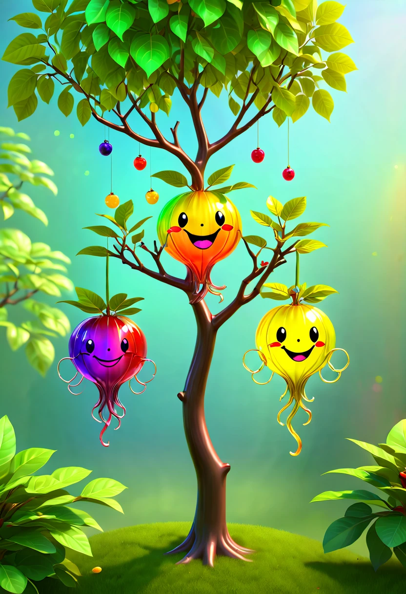 stained glass style，(A fabulous colorful rainbow ginseng fruit tree，Transparent smiley doll shaped fruits hanging on tree branches，Irridescent color)，branches and leaves full of nectar, Plants covered in liquid, Cute 3d rendering, Rendered in Cinema 4D Octane, blender art, Cinema 4D color rendering, Very detailed happy photos, Render in Cinema4D, Colorful octane rendering, A vibrant, The beautiful, semi transparent, iintricate, Detailed pubic hair