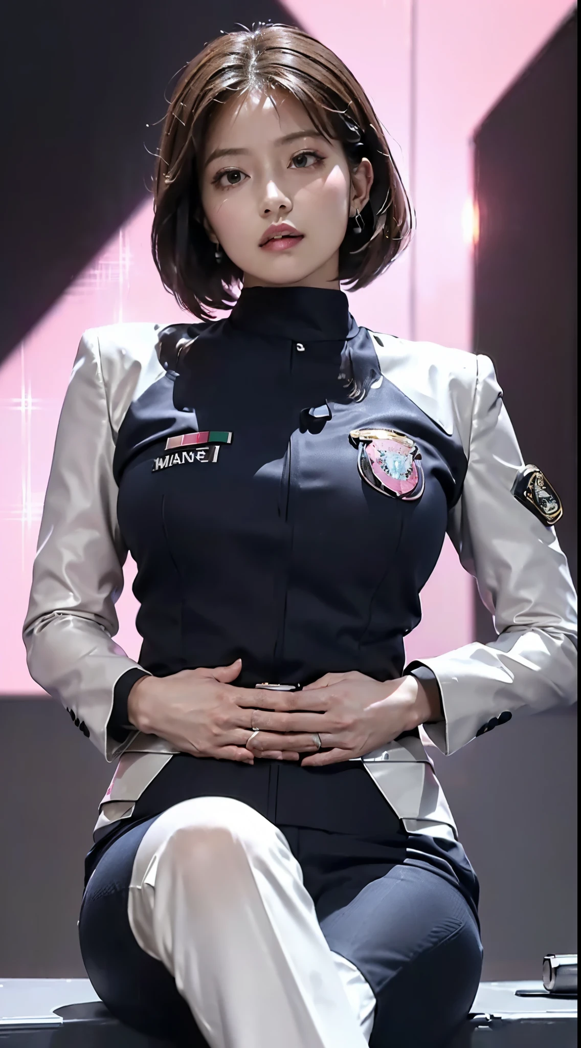 (Top Quality, Ultra High Definition, Photorealistic:1.4), (cowboy shot:1), 1 Beautiful Girl, (Kpop Idol), Detailed Face, (Hair Style: Pink:1, fullbang, shortbob-style:1), Contrapposto, Perfect Anatomy, , Professional Lighting, ((wearing Futuristic Police Racing Suits, low-minkirt, police wappen, High-tech Headset, military waist gun-holder, racing gloves, transceiver, handgun)), (Cloths colors based on silver pink black white), (background, crashed cars, fire, (Explosion)),