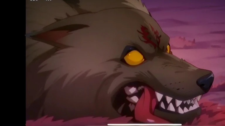 Anime character with red tongue and yellow eyes is lying down, legoshi from beastars, He has yellow wolf eyes, screenshot from guro anime, evangelion beast mode, koda kazuma, Screenshots of Black Clover, still from anime, neferpitou, Direwolf, Still from TV anime, anime movie screenshot, prominent jaw and visible fangs