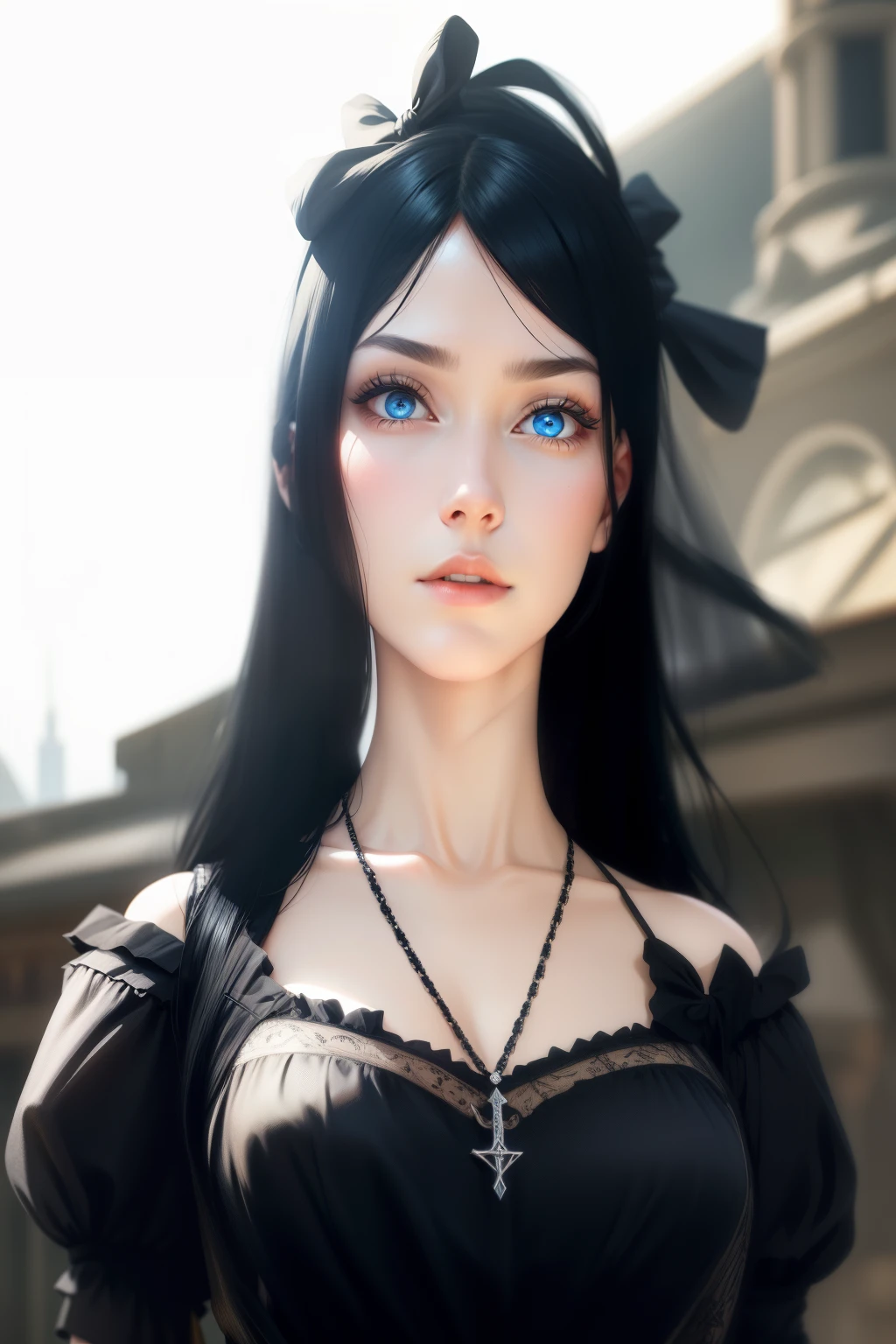 woman in black dress , black hair , blue eyes , bow in the hair