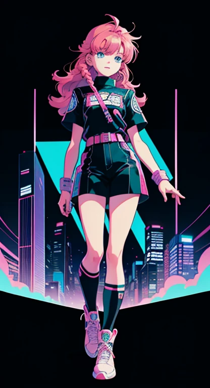 best quality, 4K wallpaper, masterpiece, extremely detailed CG unity 8k wallpaper, extremely detailed eyes, ultra-detailed, intricate details, masterpiece, best quality, 1girl, city pop, akira, night, neon lights, looking at viewer, body at an angle, full body, slight smile, vector illustration, 80s clothing, long hair, 80s, synthwave, abstract background, graphic, manga, 80s anime, retro poster