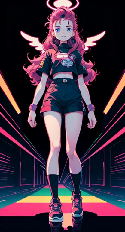 best quality, 4K wallpaper, masterpiece, extremely detailed CG unity 8k wallpaper, extremely detailed eyes, ultra-detailed, intricate details, masterpiece, best quality, 1girl, city pop, akira, night, neon lights, looking at viewer, body at an angle, full body, slight smile, vector illustration, 80s clothing, long hair, 80s, synthwave, abstract background, graphic, manga, 80s anime, retro poster