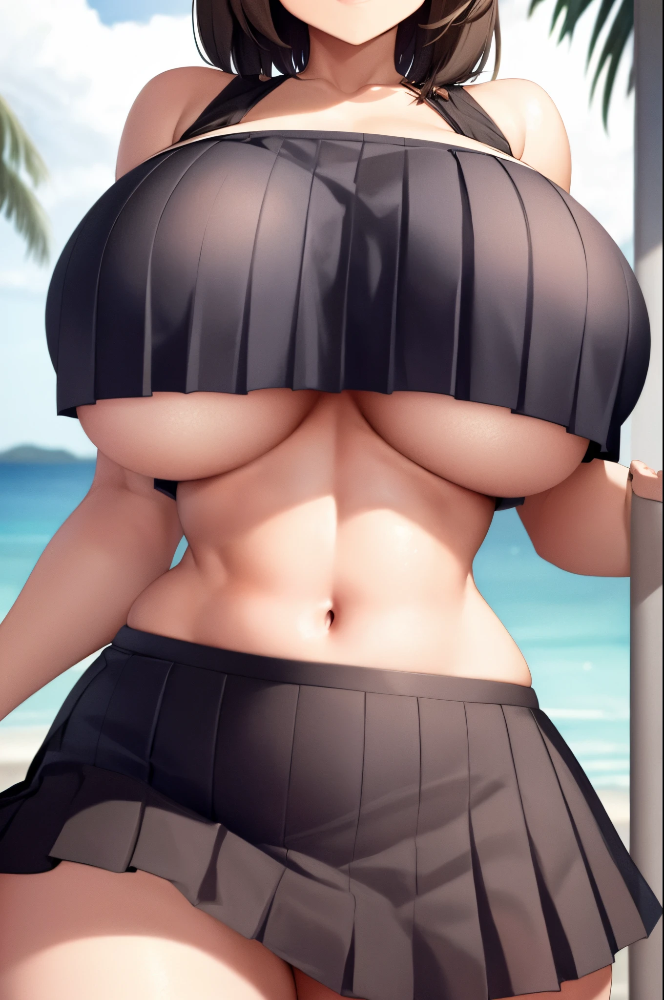 1 girl,solo,(uzakitsuki:1.1),(crop top,pleated skirt:1.3),(underboob:1.3),(wide hips:1.4),(huge thighs:1.4),from below, beach,palm trees,white thigh highs,smile, gigantic breasts,