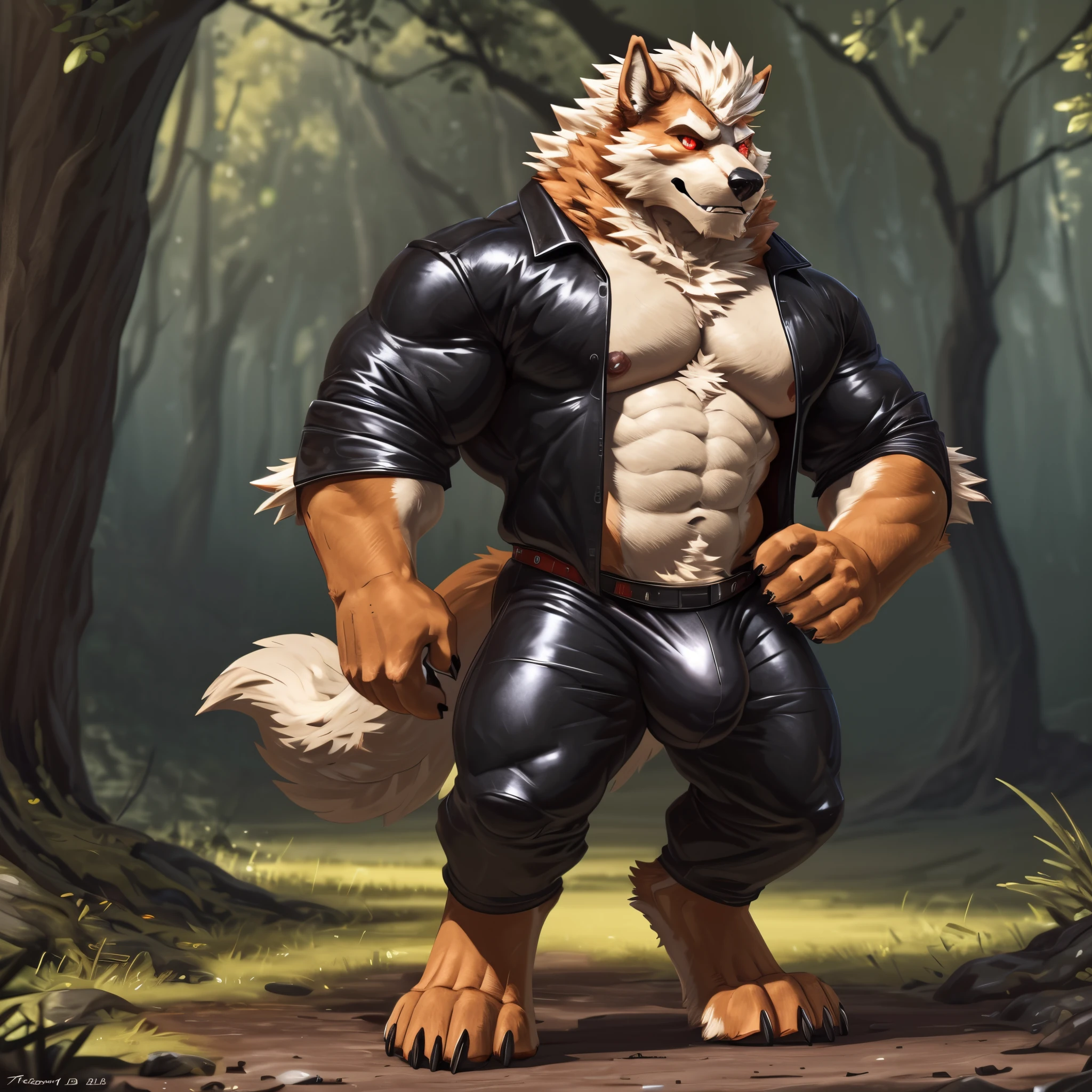 furry art, (arcanine:1.1), (solo), male, in a forest, looking at viewer, (detailed fur texture:1.5), (black mane:1.5), (red eyes:1.3) (incredibly detailed and intricate:1.1), (quality:2), (4k:1.1), (8k:1.1) (wfa colors, wfa lighting, wfa shadows:1.0), (by adios:0.8) (by taran fiddler:1.0), (by wfa:1.0), (digitigrade:1.1) (correct anatomy:1.0), (correct anatomy of furry hands:1.0) (detailed canine face:1.1), (Detailed canine teeth:1.1), (detailed canine fangs:1.1), (detailed eyes:1.1), (detailed canine Claws:1.1), (Detailed bulge:1.4), (leather clothes:1.5), (posing for camera:1.3), (Slim body:1.1), (full body:1.2), (wfa anatomy:1.0), (posted on e621)