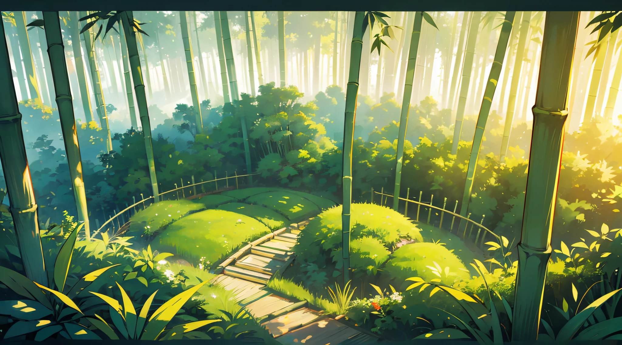 a very very wide top of bamboo forest ,very top of the ground , view from the sky , very extremely wide shot , with no people , outdoor , detail background , very golden lighting,