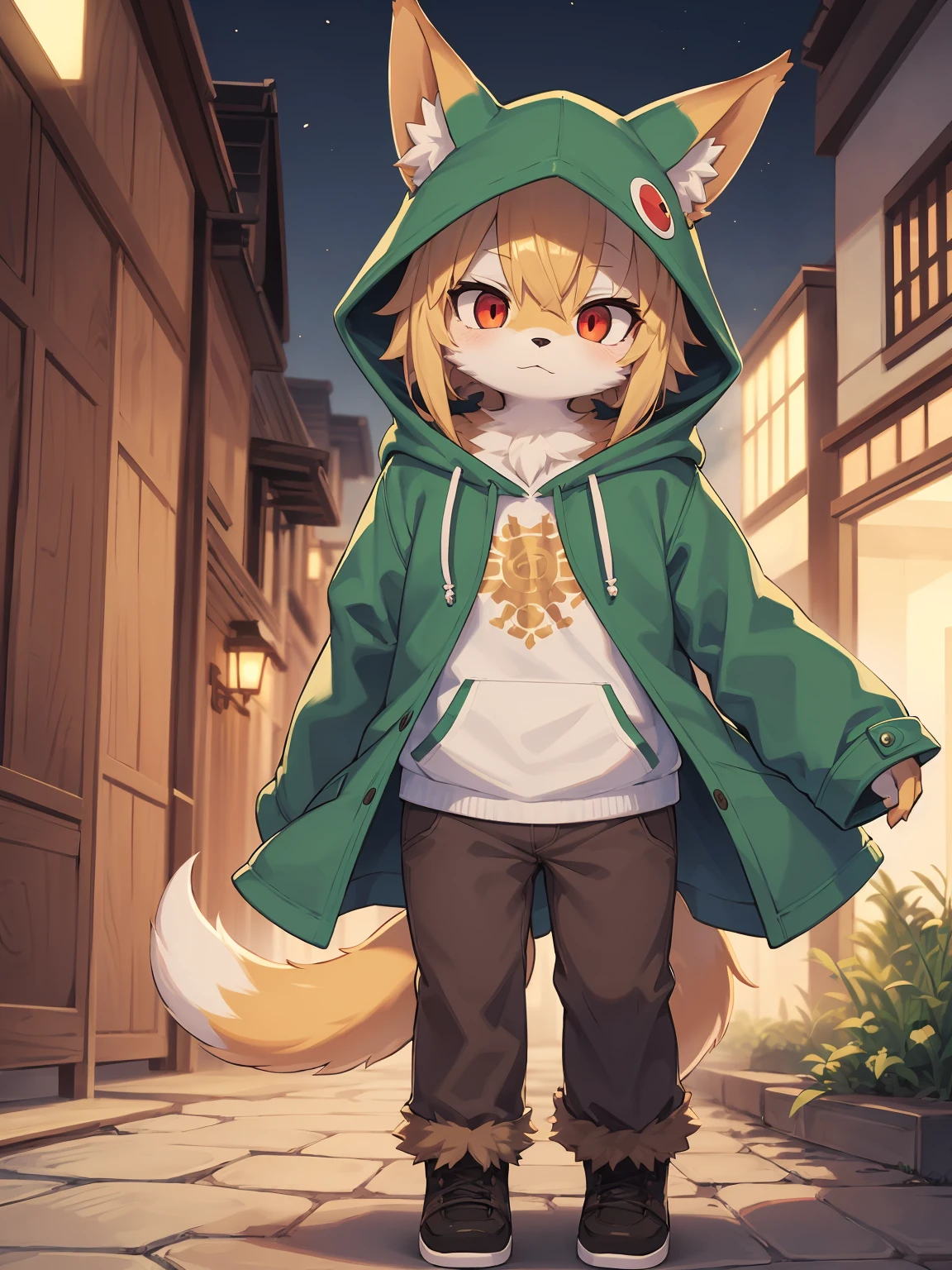 shota the fox, child, was hairy, shaggy, skin fur, smooth lashes, golden fur, forelimb hands, straight long blonde hair, solid circle eyes, golden ears, golden fur, golden facial fur, shiny hair, red eyes, super cute face, fox tail, fluffy tail, furry tail, expressionless, glowing eyes, green coat green hood up, brown trousers, ambient light, ultra-fine fur, dashed eyes, full body, masterpiece, high quality, high-details, best quality, evening, rim light