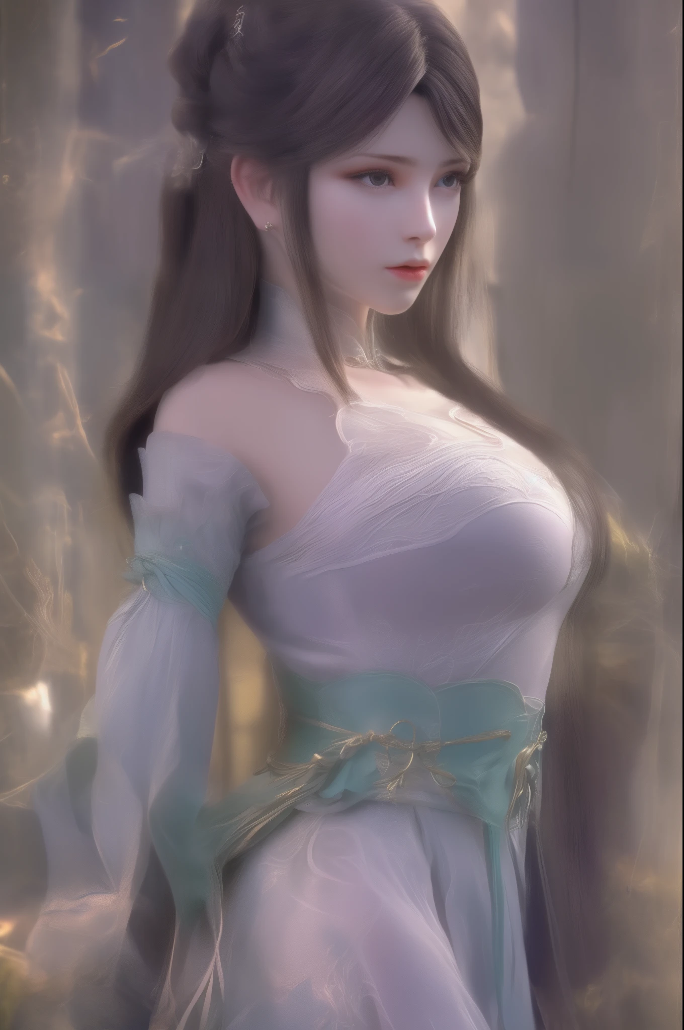 (8k, RAW Photos: 1.2), Best Quality, Illustration, Beautiful Painting, 1 sexy Woman, Beautiful Face, Delicate Skin, Gorgeous Bun, Hair Accessories, lace Hanfu, Full Body, High Detail, Accent, Color Ink Painting, (((colorful)), lycoris, Sketch, Denoising, Dramatic, Cinematic, White background, Super High Resolution, Best Shadow, RAW, (HDR) (wallpaper) (Cinematic lighting) (sharp focuasterpiece, (Very detailed CG unified 8k wallpaper), gigantic breasts, bamboo forest,