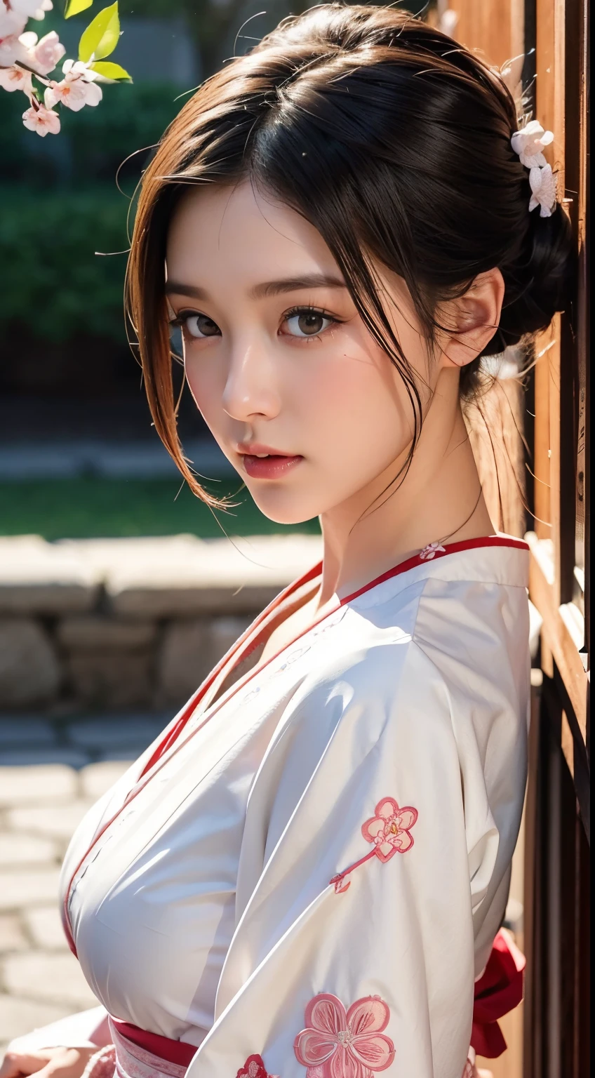 (A logo、masterpiece、8K、masutepiece、Raw photo、Fantastic、Best Quality、8K wallpaper that combines photorealism and high-definition CG、hightquality、ighly detailed、epic poem、Particle effect、Dynamic effects、depth of fields、Cinematic Light、Lens Flare、Ray tracing)、Fantasia、 (Beauty 1 person、White Japanese Clothing、Japanese dress、White cherry blossom pattern、White cherry blossom embroidery pattern、A dark-haired、Beautiful face、Real Face、beautiful details eyes beautiful skin)、Hair flutters in the wind、Hair jumps、Pink cherry blossom tree、Petals flutter、Sakura blizzard、Superb view、morning glow、Sun in the background、the wind