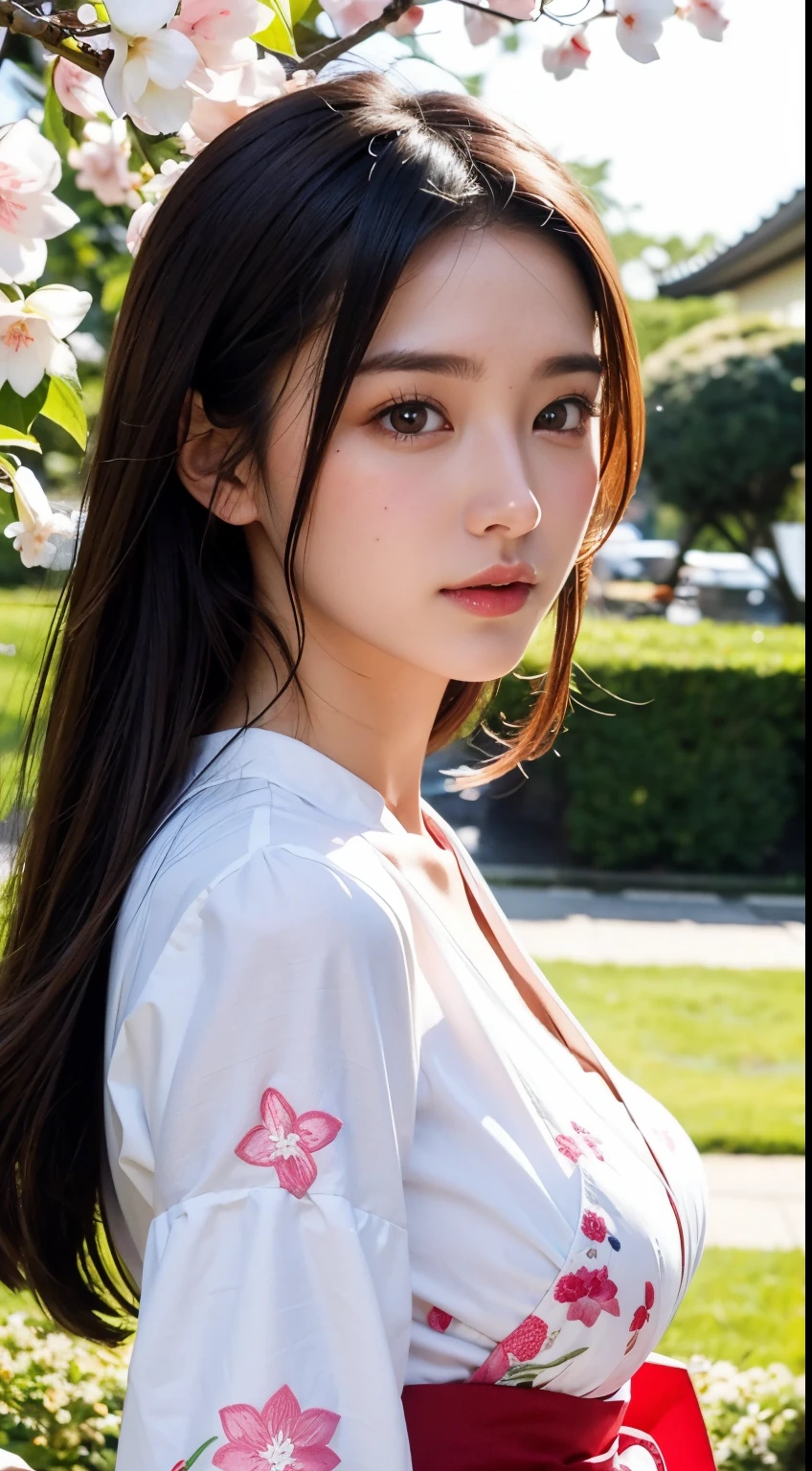 (A logo、masterpiece、8K、masutepiece、Raw photo、Fantastic、Best Quality、8K wallpaper that combines photorealism and high-definition CG、hightquality、ighly detailed、epic poem、Particle effect、Dynamic effects、depth of fields、Cinematic Light、Lens Flare、Ray tracing)、Fantasia、 (Beauty 1 person、White Japanese Clothing、Japanese dress、White cherry blossom pattern、White cherry blossom embroidery pattern、A dark-haired、Beautiful face、Real Face、beautiful details eyes beautiful skin)、Hair flutters in the wind、Hair jumps、Pink cherry blossom tree、Petals flutter、Sakura blizzard、Superb view、morning glow、Sun in the background、the wind