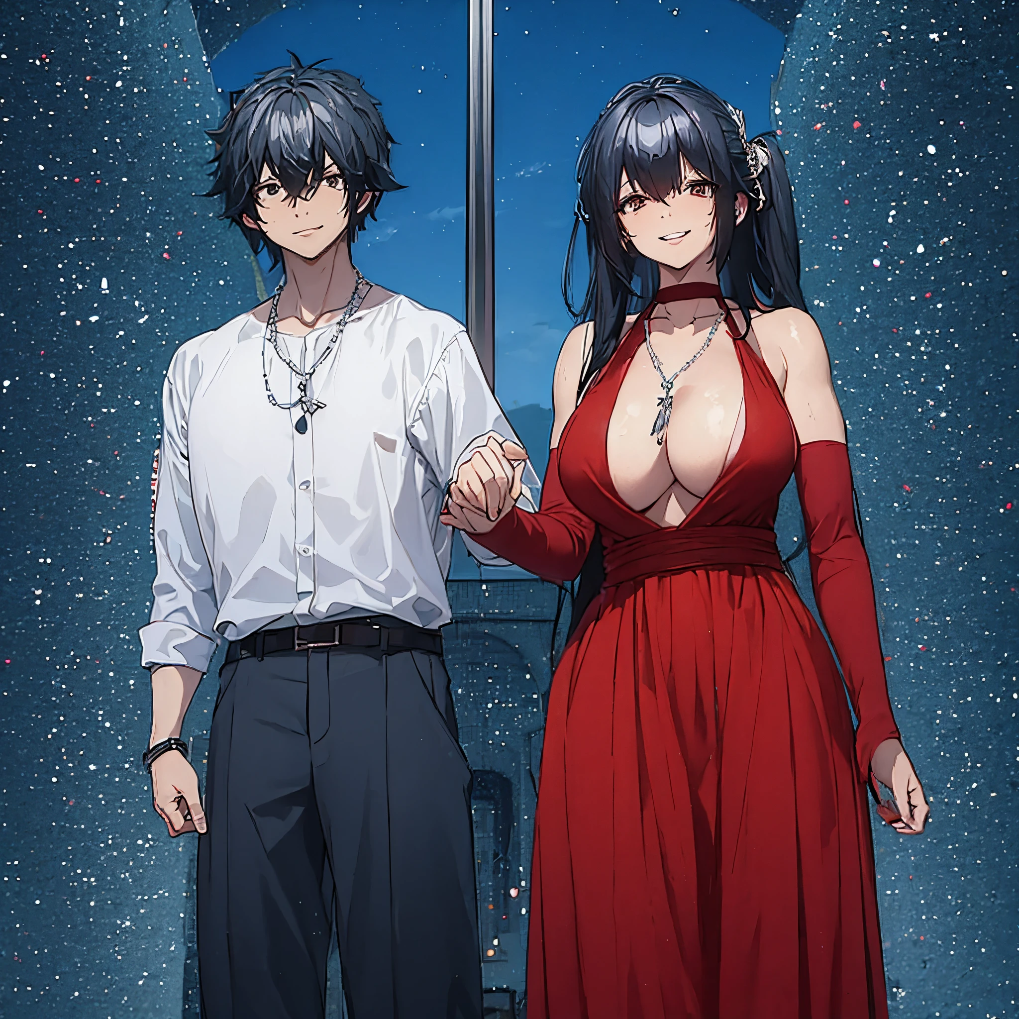 a man in gray casual clothes holding the hand of a woman in red clothes, peitos grande, smiling in Tokyo at night