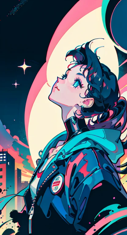 best quality, 4K wallpaper, masterpiece, extremely detailed CG unity 8k wallpaper, extremely detailed eyes, ultra-detailed, intricate details, masterpiece, best quality, 1girl, city pop, akira, night, neon lights, looking at viewer, body at an angle, slight smile, vector illustration, 80s clothing, long hair, 80s, synthwave, abstract background, graphic, manga, 80s anime, retro poster