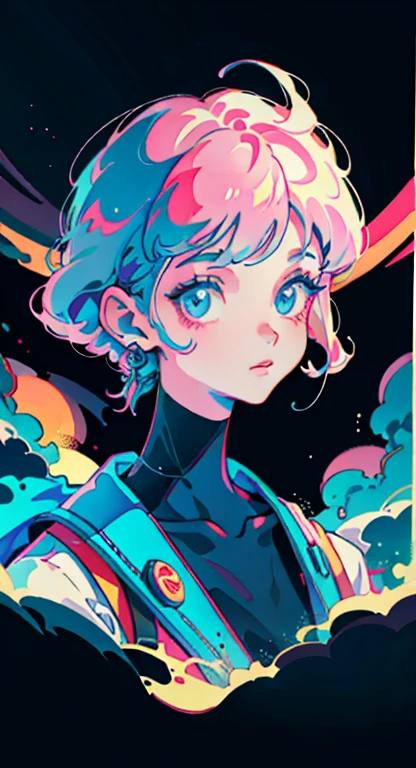 best quality, 4K wallpaper, masterpiece, extremely detailed CG unity 8k wallpaper, extremely detailed eyes, ultra-detailed, intricate details, masterpiece, best quality, 1girl, city pop, akira, night, neon lights, looking at viewer, body at an angle, slight smile, vector illustration, 80s clothing, long hair, 80s, synthwave, abstract background, graphic, manga, 80s anime, retro poster