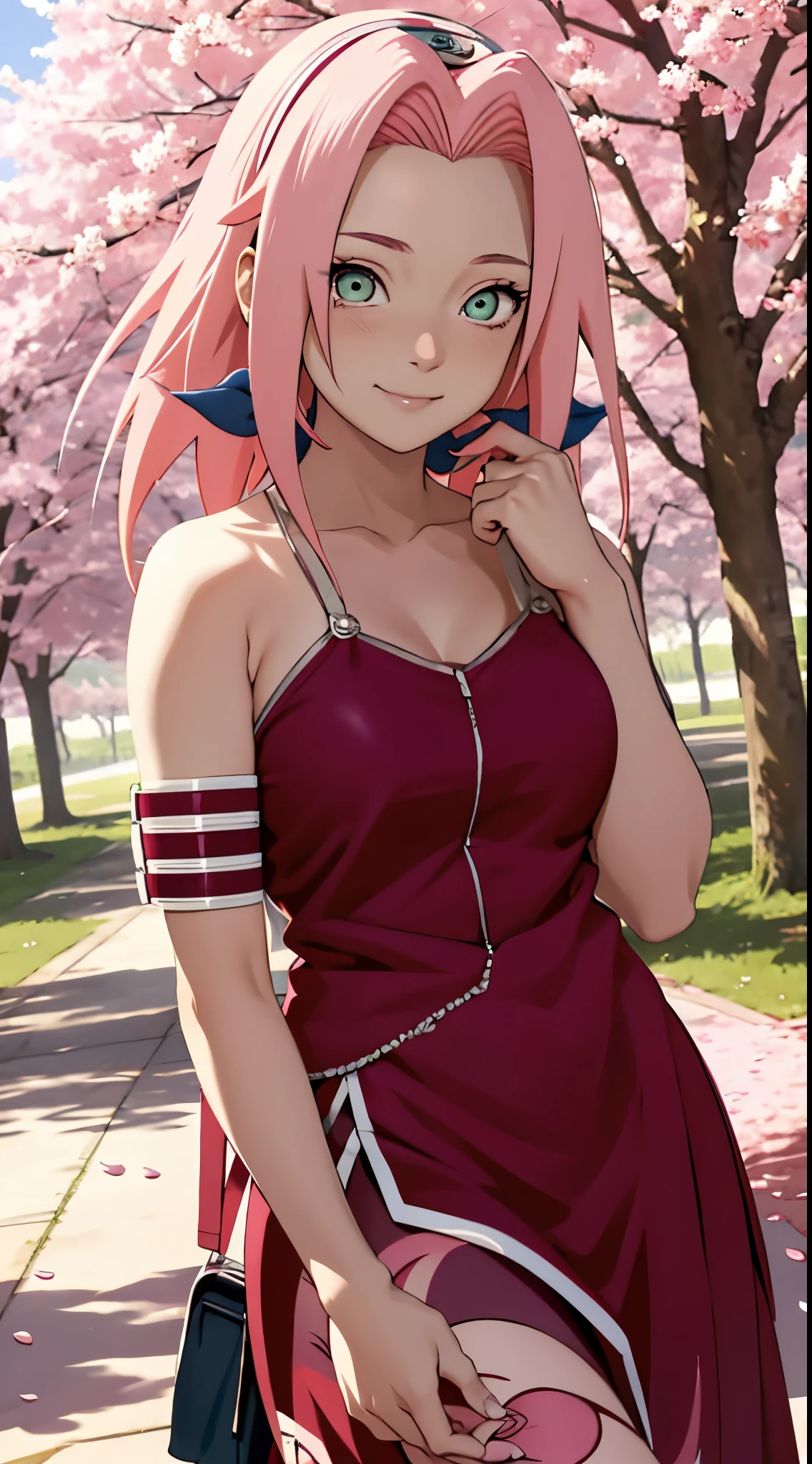 tmasterpiece， Best quality at best， 1girll， Sakura Haruno， Large breasts，is shy，ssmile，with pink hair， long whitr hair， （Green eyeballs:1.4)， Forehead protection， the cherry trees，Cherry blossoms flying，nude, naked