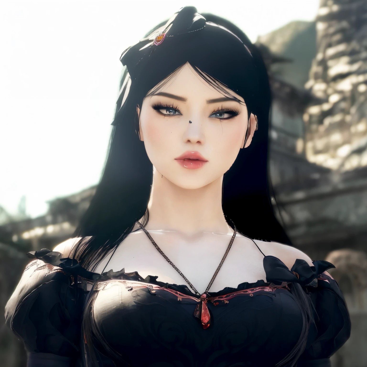 there is a woman with a necklace and a necklace on her neck, gothic maiden anime girl, gothic face, anime style. 8k, with long hair and piercing eyes, detailed long black hair, highly detailed character, gothic maiden, gothic girl face, anime styled 3d, with very highly detailed face, portrait of tifa lockhart, photorealistic anime girl render