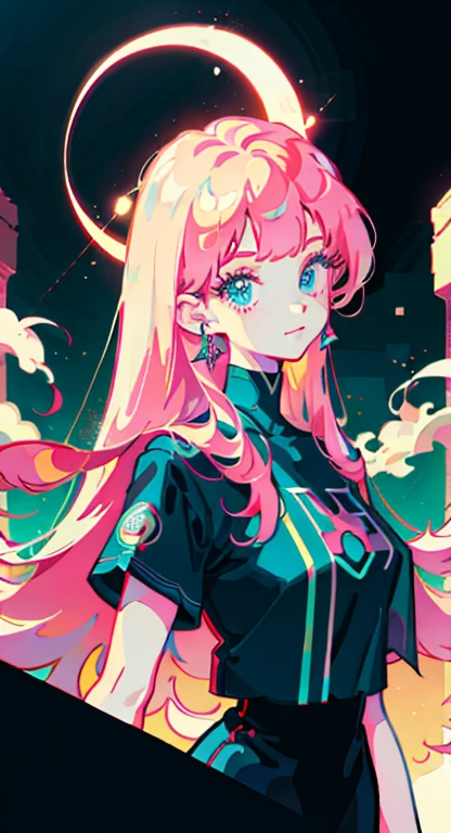 best quality, 4K wallpaper, masterpiece, extremely detailed CG unity 8k wallpaper, extremely detailed eyes, ultra-detailed, intricate details, masterpiece, best quality, 1girl, city pop, akira, night, neon lights, looking at viewer, body at an angle, slight smile, vector illustration, 80s clothing, long hair, 80s, synthwave, abstract background, graphic, manga, 80s anime, retro poster